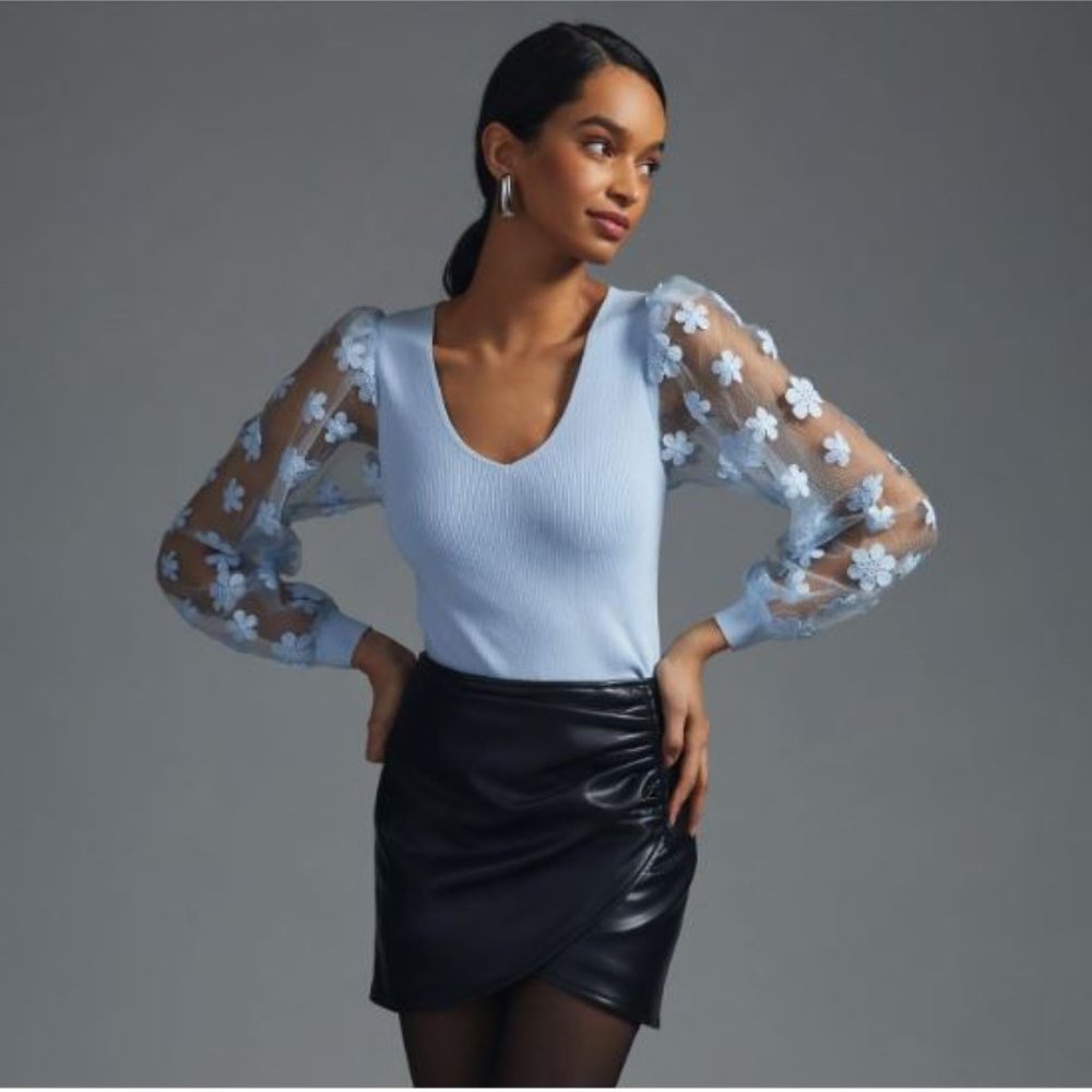 Anthropologie DOLAN Sky Sheer-Sleeve Applique Sweater – Size X-Small - NWT